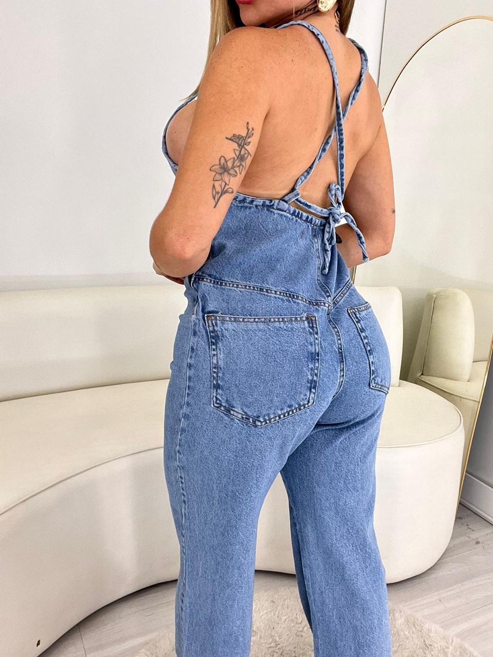 Jardineira Com Zíper Jeans Claro S/ Strech