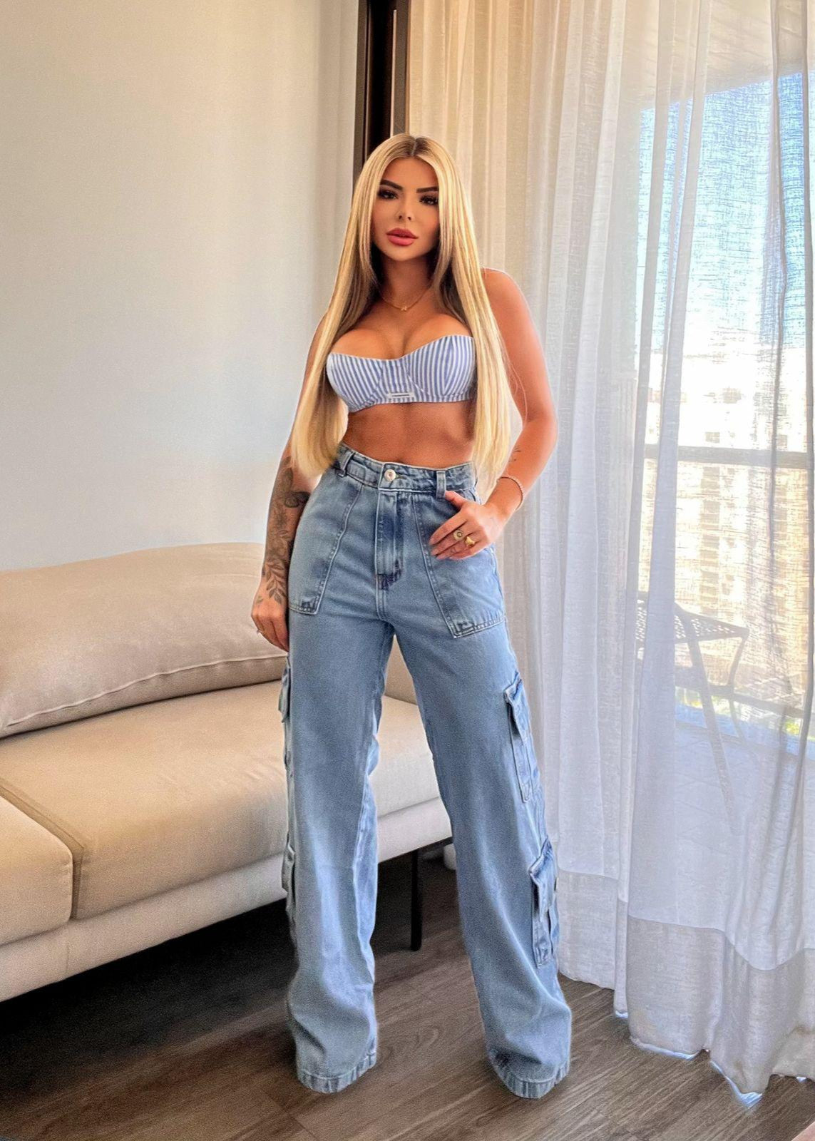 Calça Wide Jeans Cargo