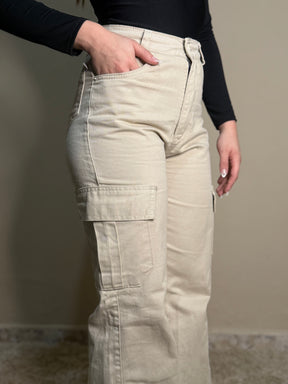 Calça Wide Leg Cargo Bege