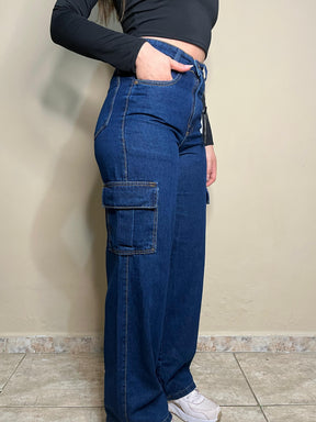 Calça Wide Leg Cargo Jeans / Azul Escuro