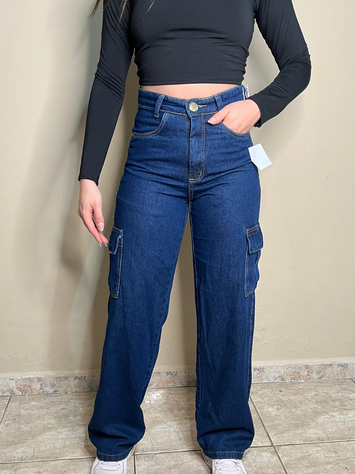 Calça Wide Leg Cargo Jeans / Azul Escuro