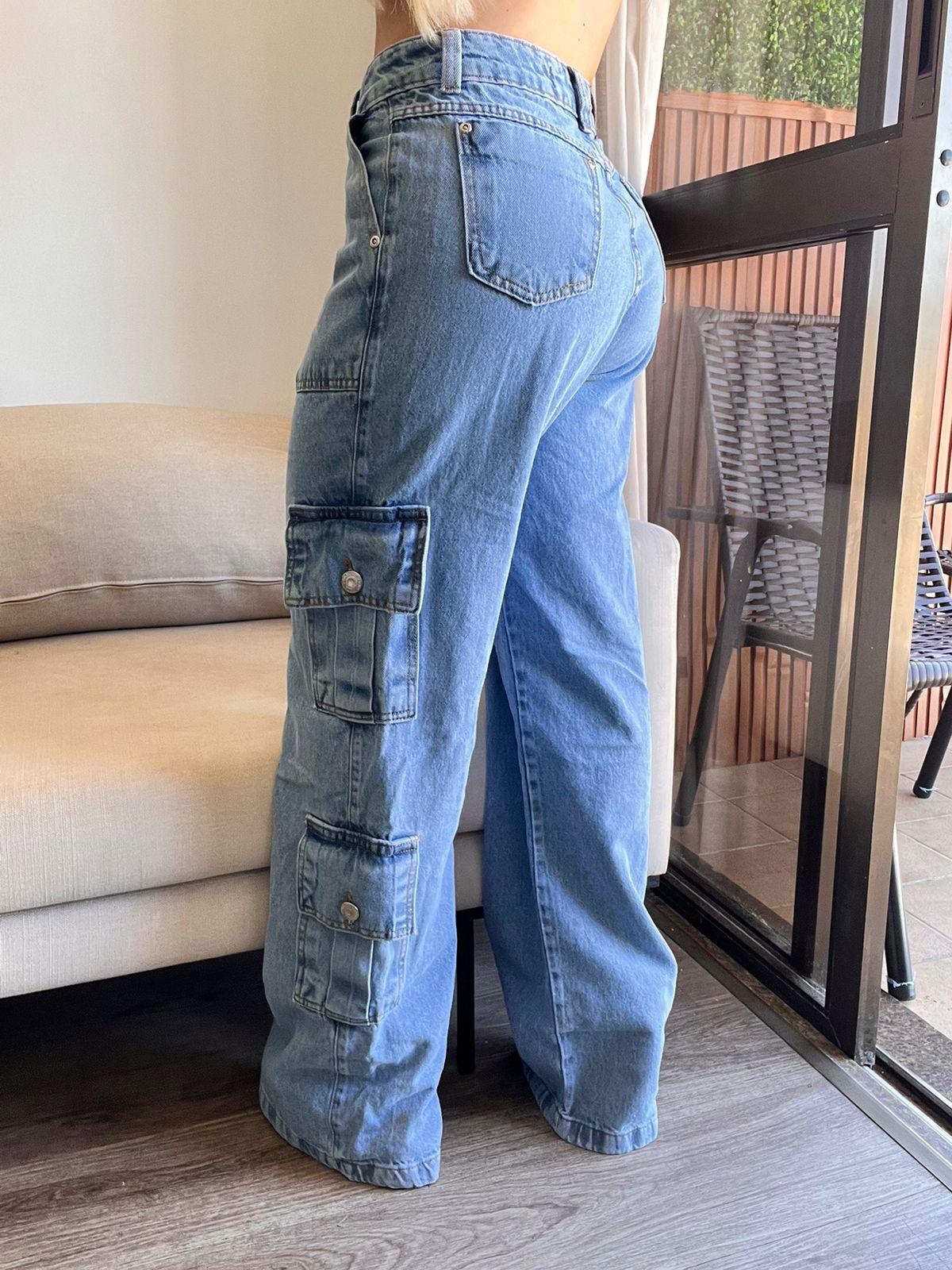 Calça Wide Jeans Cargo