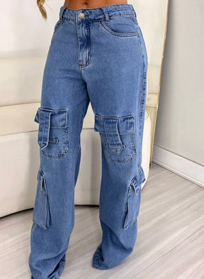 Calça Wide Jeans Claro Bolso Frontal