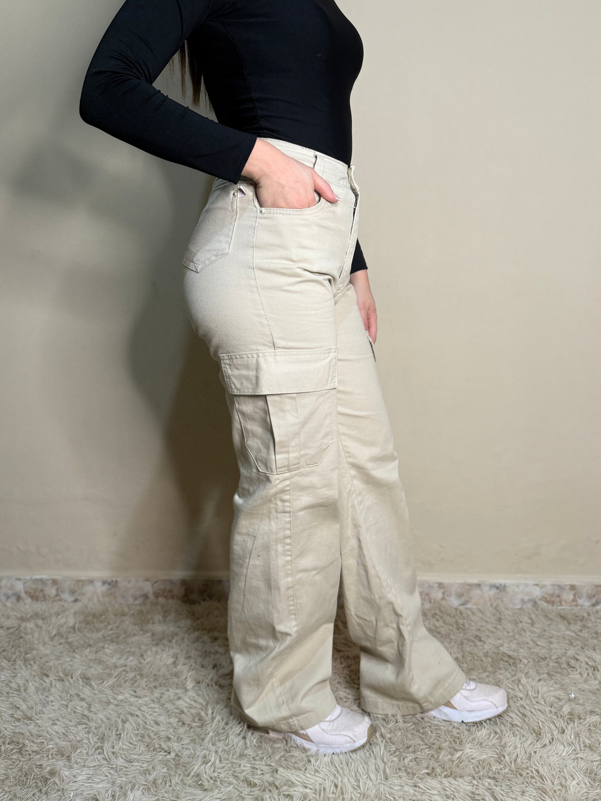 Calça Wide Leg Cargo Bege