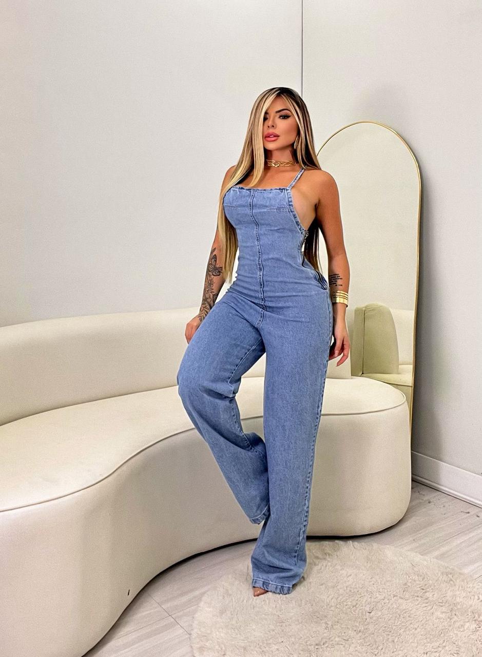 Jardineira Com Zíper Jeans Claro S/ Strech